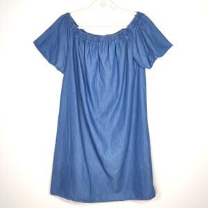 Michael Kors Off Shoulder Shift Dress Chambray Blue Short Sleeve M Preppy